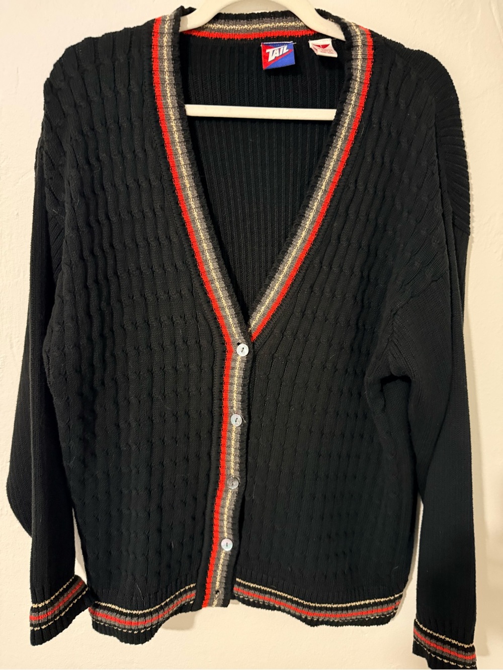 Tail Black Cable Knit V-Neck Cardigan with Red and Gold Trim